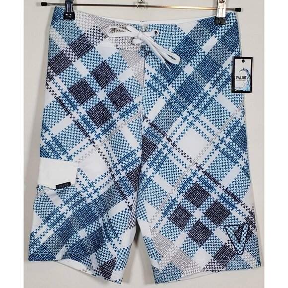 Valor Men's Size 28 Surf Board Shorts Blue Gray White Hawaiian Striped New - Picture 1 of 11